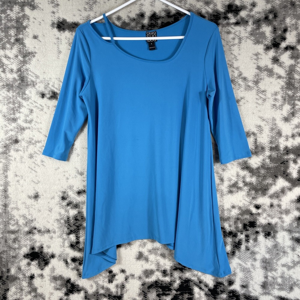 Clara Sun‎ Woo Top Womens Size Small Blue Asymmetrical Shoulder Poly Rayon